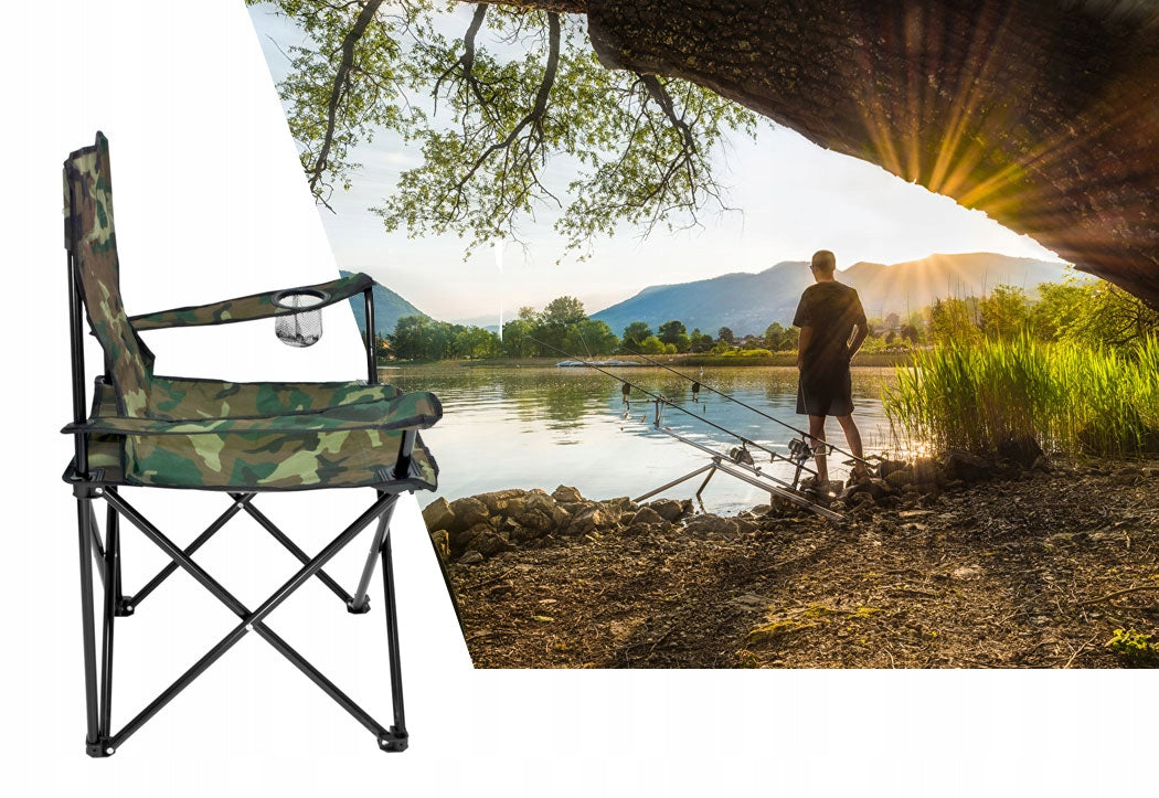Scaun pliabil camping sau pescuit Sersimo, suport pahar, camuflaj