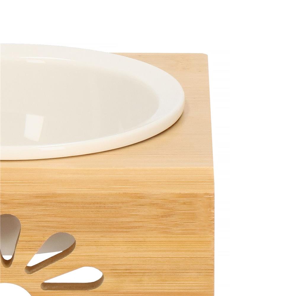 Castron ceramica, bol, pentru caine sau pisica, cu suport din bambus, 15cm
