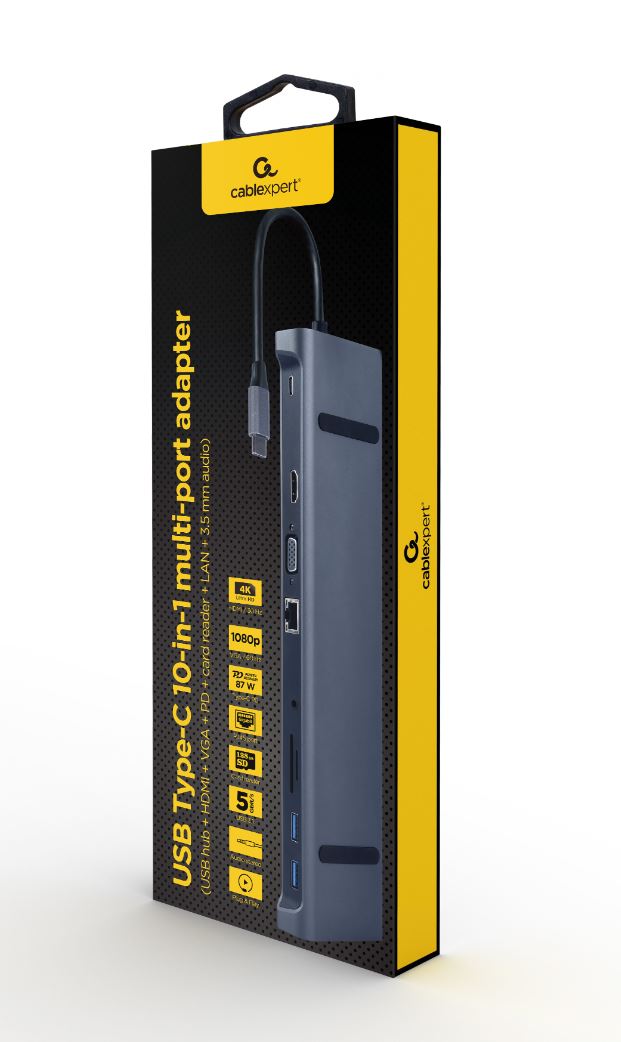 DOCKING Station Gembird universal,10-in-1, conec PC USB Type C, USB-C x 1, USB-A 3.1 x 3, HDMI x 1, VGA x 1, RJ45 x 1, PD