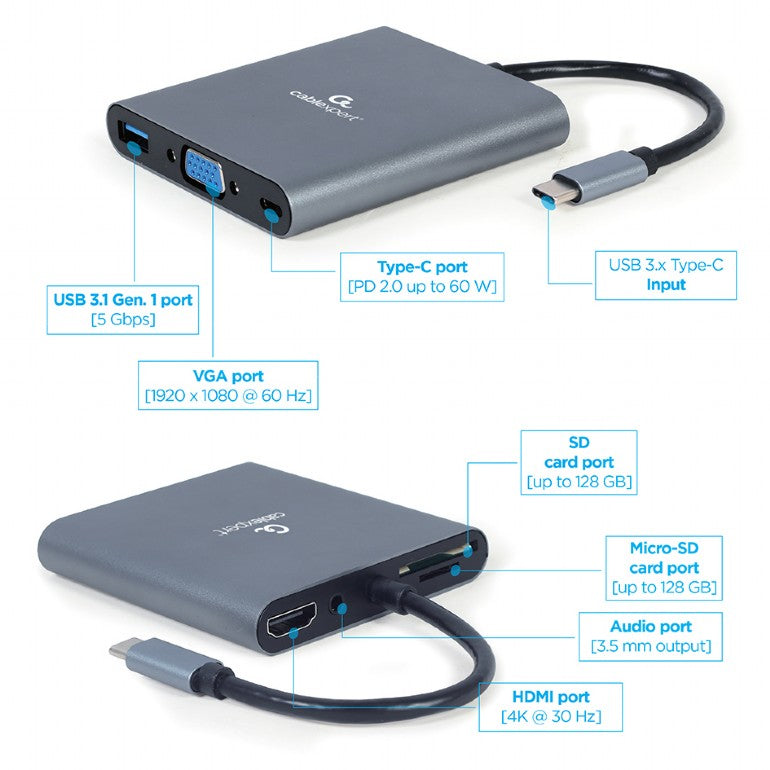 DOCKING Station Gembird universal, 6-in-1, conec PC USB Type C, USB-C x 1, USB-A 3.1 x 1, porturi video HDMIx1, VGAx1, PD 60 W, SD, microSD, Audio, argintiu "A-CM-COMBO6-01"