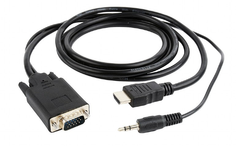 CABLU video GEMBIRD, splitter HDMI (T) la VGA (T)+ Jack 3.5mm (T), 3m,rez max FHD la 60Hz, converteste semnal digital HDMI in analog VGA+ 3.5 mm jack,negru, "A-HDMI-VGA-03-10"