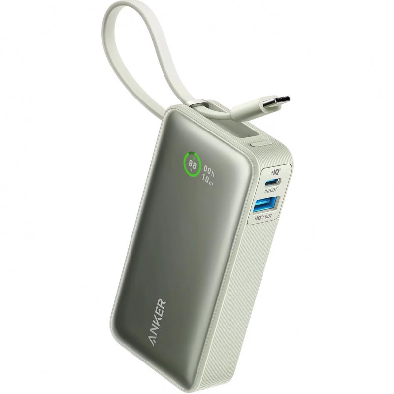 POWER BANK Anker "Nano" 10.000 mAh, 30W PD si Power IQ 3.0, 1 x USB, 1 x USB-C, cablu USB-C, incarcare bidirectionala, 213 g, verde, "A1259G61" - 0194644179373