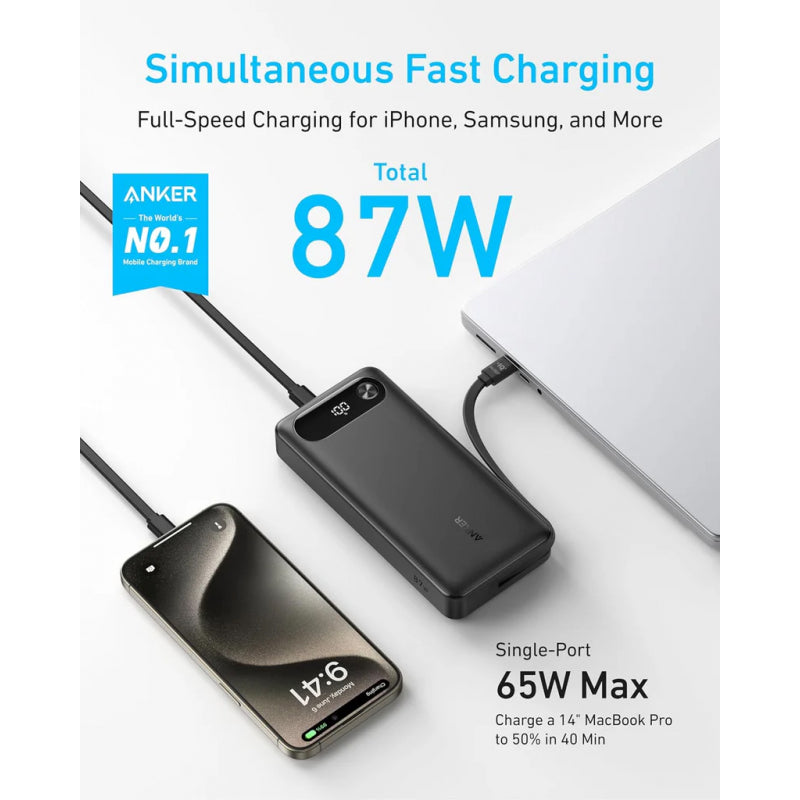 POWER BANK Anker 20.000 mAh, 87W total PD si Power IQ 3.0, incarca max 65W/port, &nbsp;2x USB-C, 1x USB-A, cablu USB-C atasat, 440 g, negru, "A1383H11" - 0194644197469