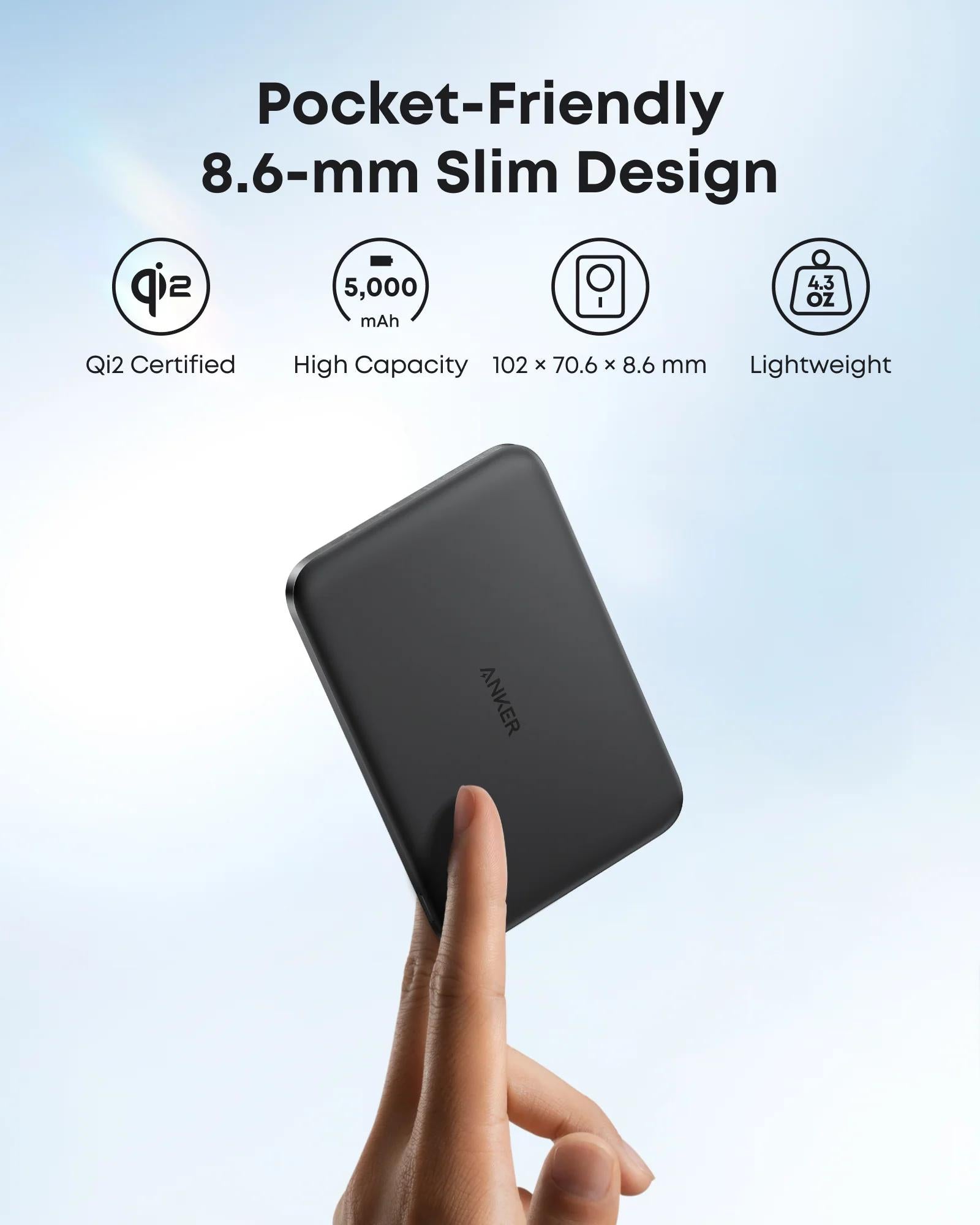 POWER BANK Anker "Nano" 5.000 mAh, 15W MagGo, slim, magnetic, wireless, 1 x USB-C incarcare, 122g, negru, "A1665H11" - 194644235475