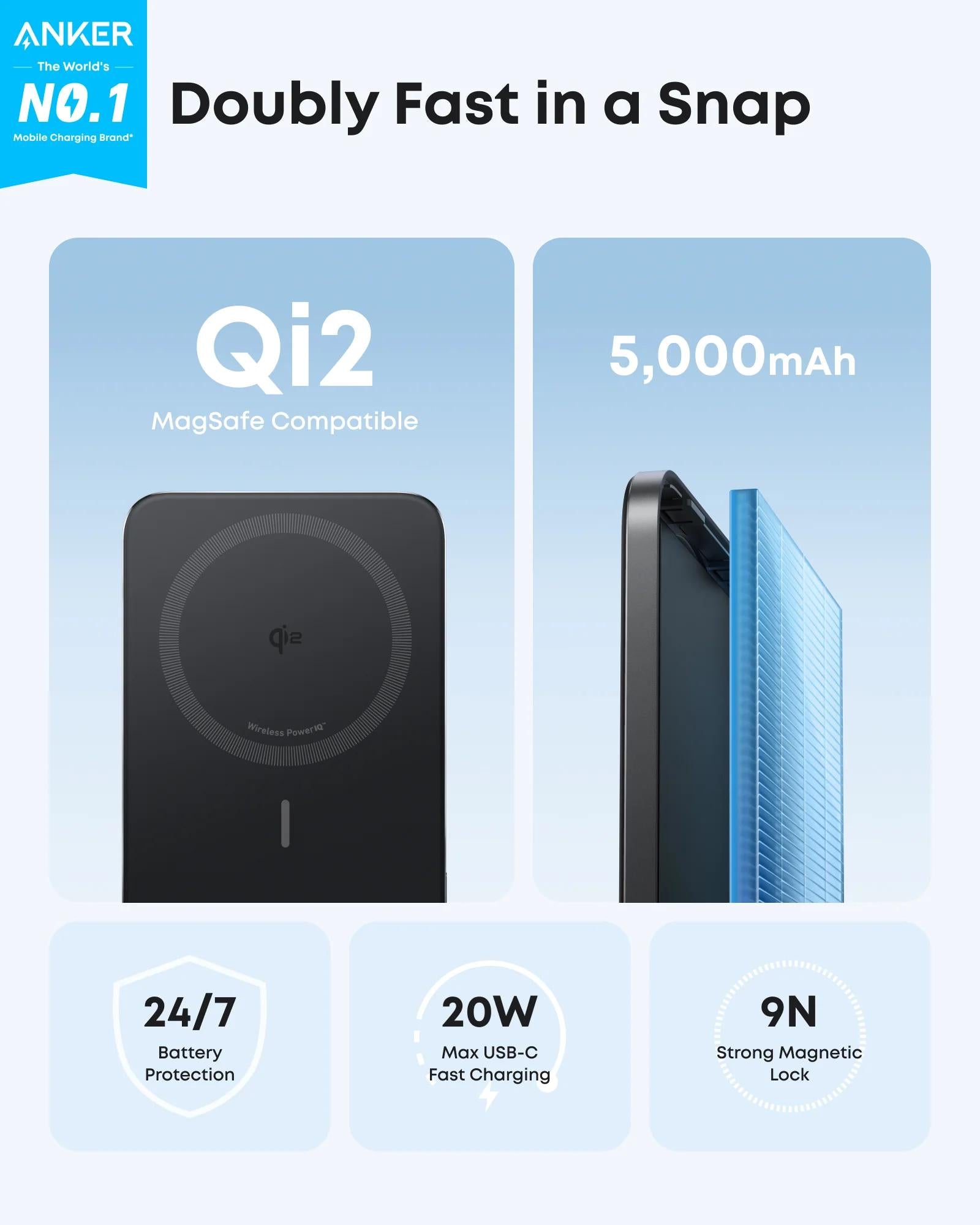 POWER BANK Anker "Nano" 5.000 mAh, 15W MagGo, slim, magnetic, wireless, 1 x USB-C incarcare, 122g, negru, "A1665H11" - 194644235475