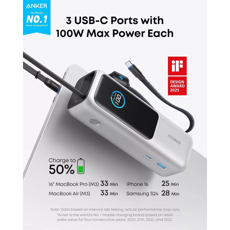 Power Bank Anker 25000 mAh. Porturi iesire USB A: 1, Numar porturi USB tip C: 1. Putere totala iesire: 165 W, 5 A, argintiu "A1695H41" - 0194644286217