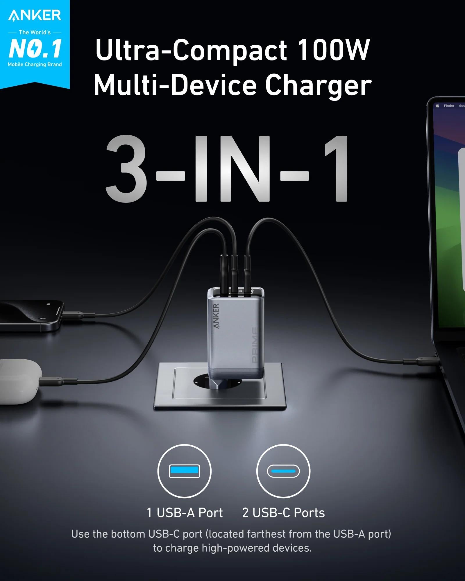 Alimentator retea Anker, Prime GaN, 100W, power delivery, power IQ, 2 x USB-C, 1 x USB-A, gri, "A2688341" - 0194644199746