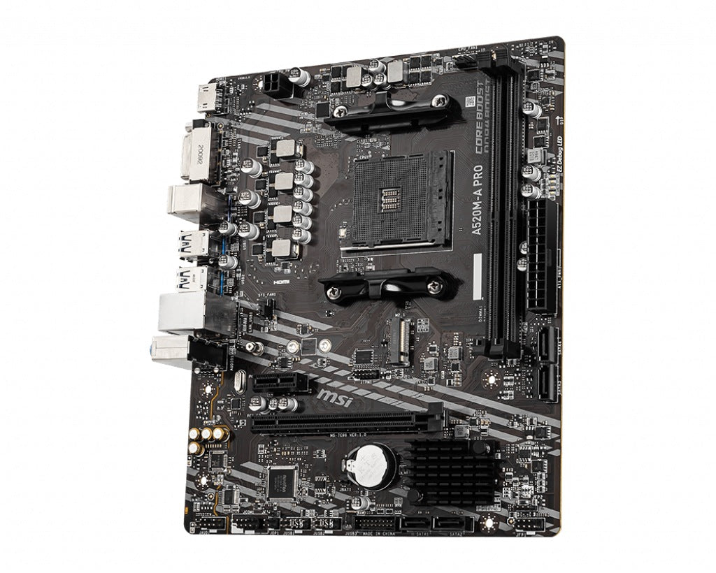PLACA de BAZA MSI A520M, skt AM4, AMD A520, mATX, slot RAM 2 x DDR4, max 64 GB, 4x S-ATA 3, 1x M.2, 1x PCI-E, PCI-E3.0 x 16 x 1, PCI-E3.0 x 1 x 1, LAN 10/100/1000 Mbps, HDMI, DVI-D, 7.1, "A520M-A_PRO"