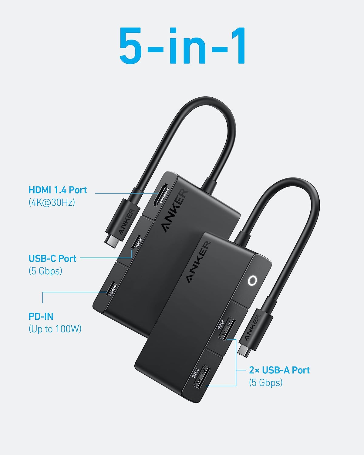 DOCKING Station Anker 5-in-1, porturi: HDMI(M) 4K 30Hz,2xUSB 3.2 gen1, USB Type-C,PD 100W,conectare prin USB Type-C(T),rata transfer 5Gbps, ABS, negru "A8356G11" -0194644125639