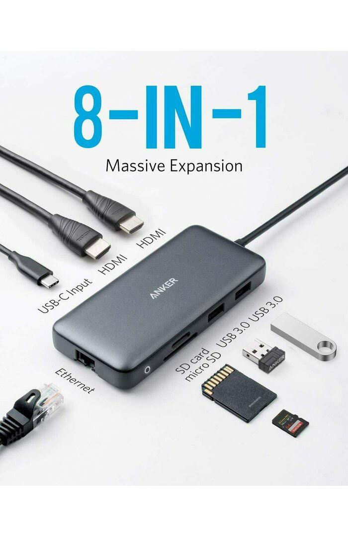 DOCKING Station Anker 8-in-1,porturi: 2xHDMI(M),2xUSB 3.2 gen1 (M), RJ-45,PD 100W,SD/microSD,conectare prin USB-C (T),rata transfer 5 Gbps,ABS, gri "A83800A1" - 0194644138974