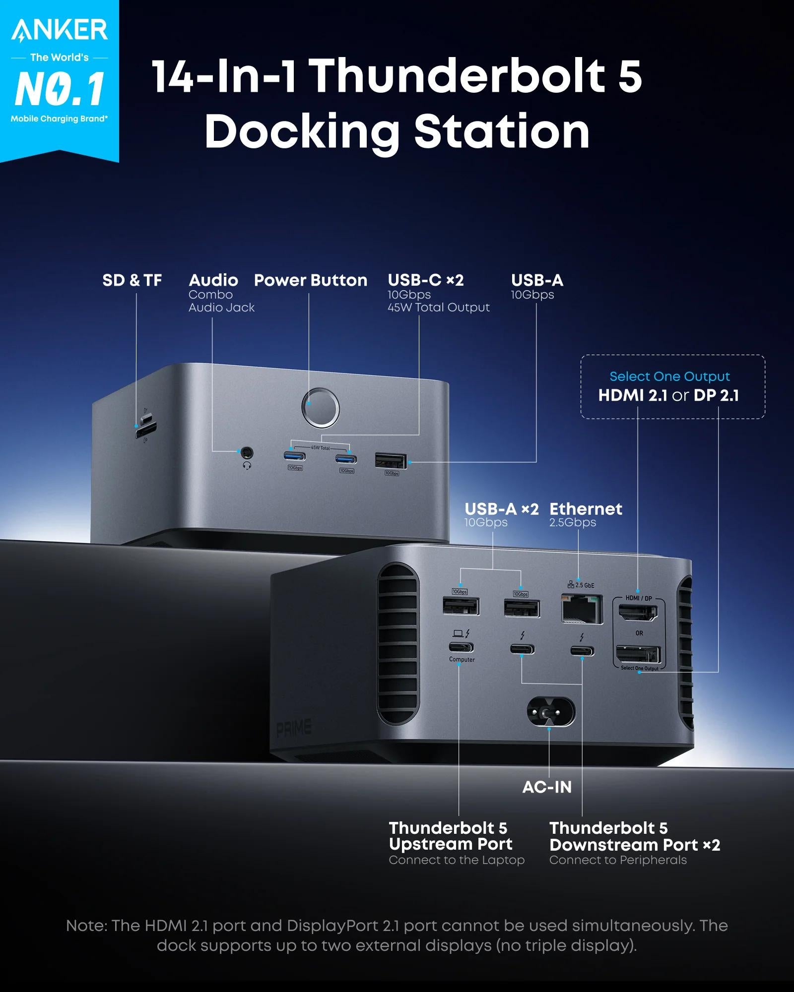 DOCKING Station Anker 14-in-1, porturi: 1xThunderbolt 5 up 140W, 2xThunderbolt 5 downs 15W, 3xUSB-A 10Gbps, 2xUSB-C max 45W, 1xHDMI, 1xDisplay port, 1xRJ-45 2.5Gbps, 1xSD/TF, conect USB-C, gri "A83B53A1" (timbru verde 0.18 lei - 0194644291839