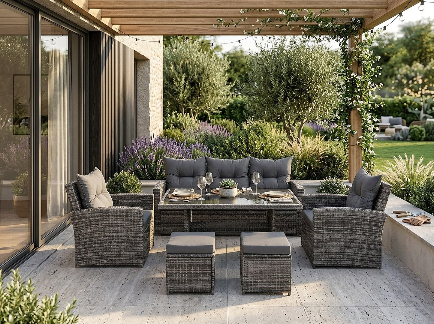Set mobilier gradina 7 piese, canapea 3 locuri, 2 fotolii, 2 tabureti si masa cu blat sticla, ratan PE, 187x78x85 cm, gri