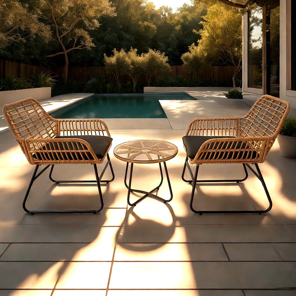Set mobilier gradina din ratan, 2 scaune cu perne, 1 masa rotunda, maro