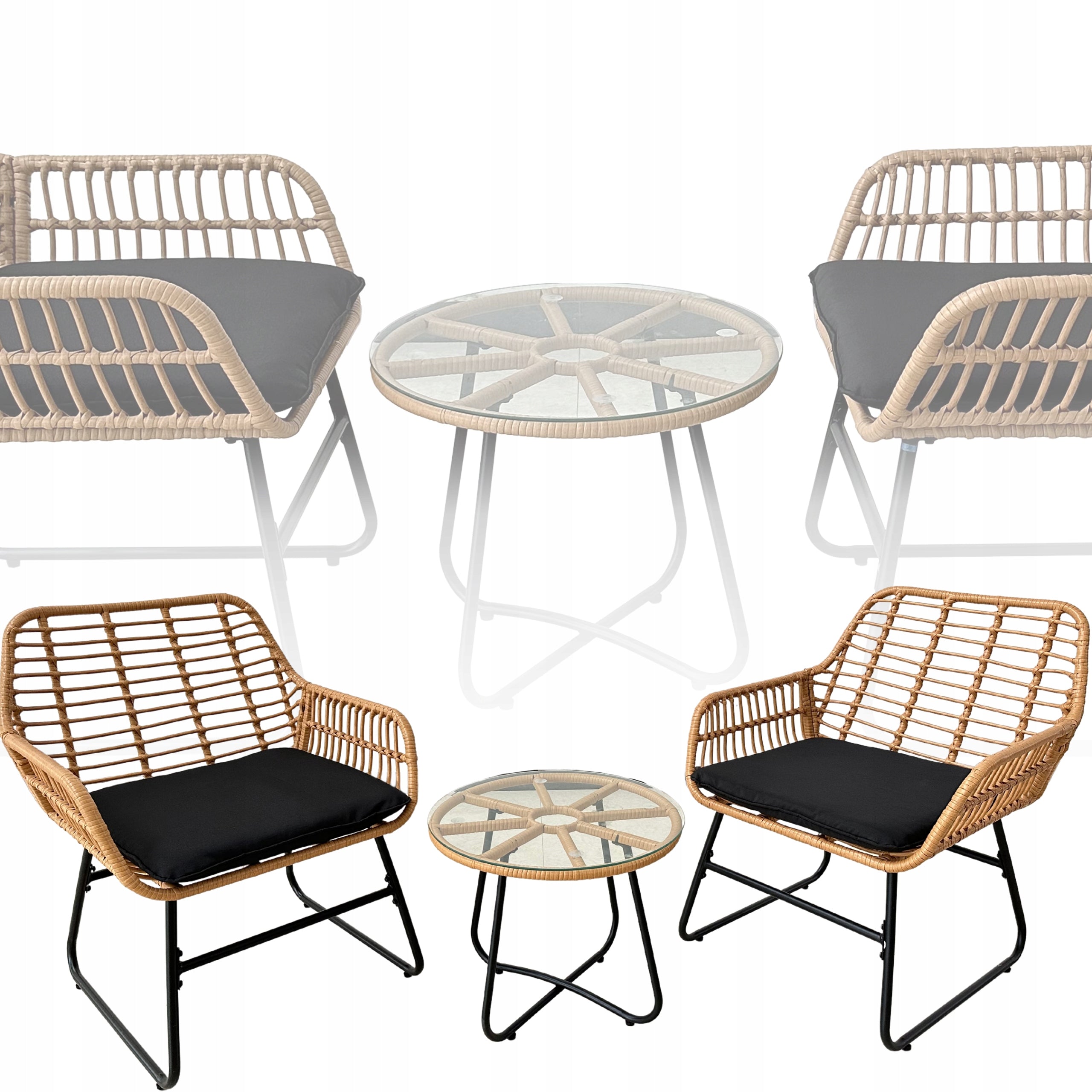 Set mobilier gradina din ratan, 2 scaune cu perne, 1 masa rotunda, maro