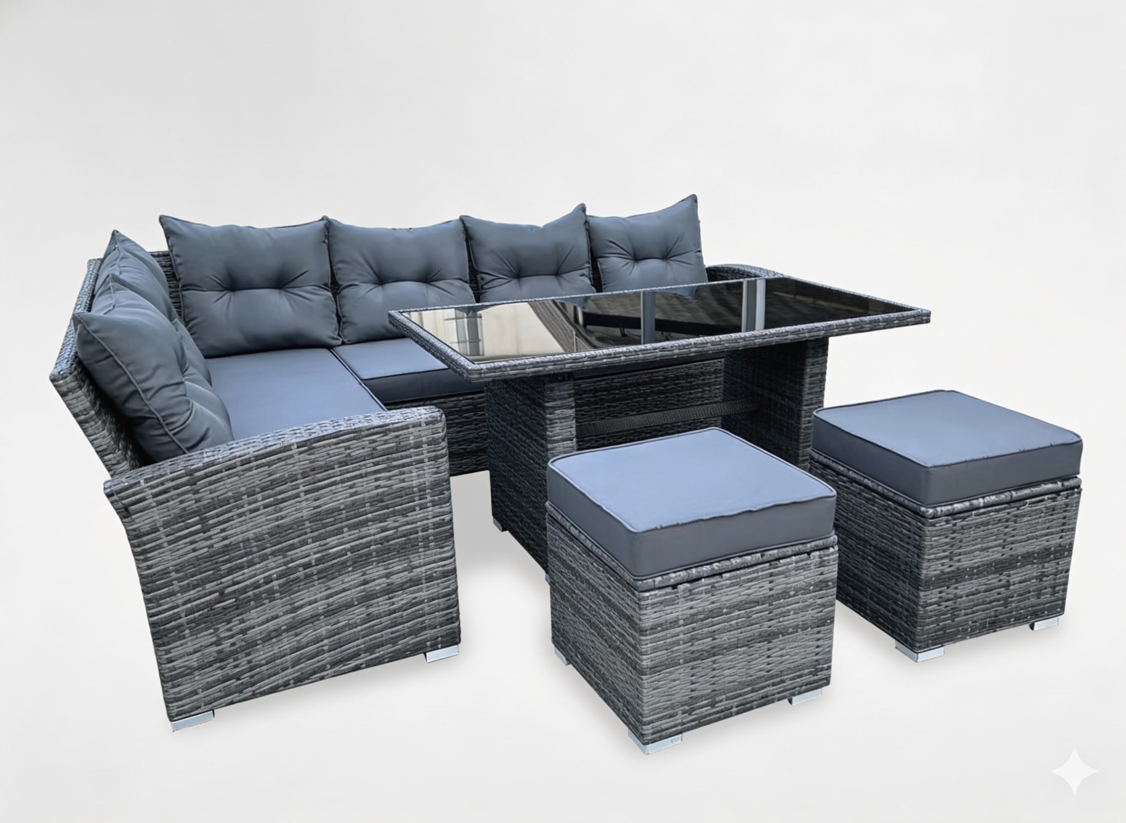 Set mobilier gradina coltar 4 piese, canapea, masa si 2 tabureti, ratan PE, 182x68x68 cm, gri
