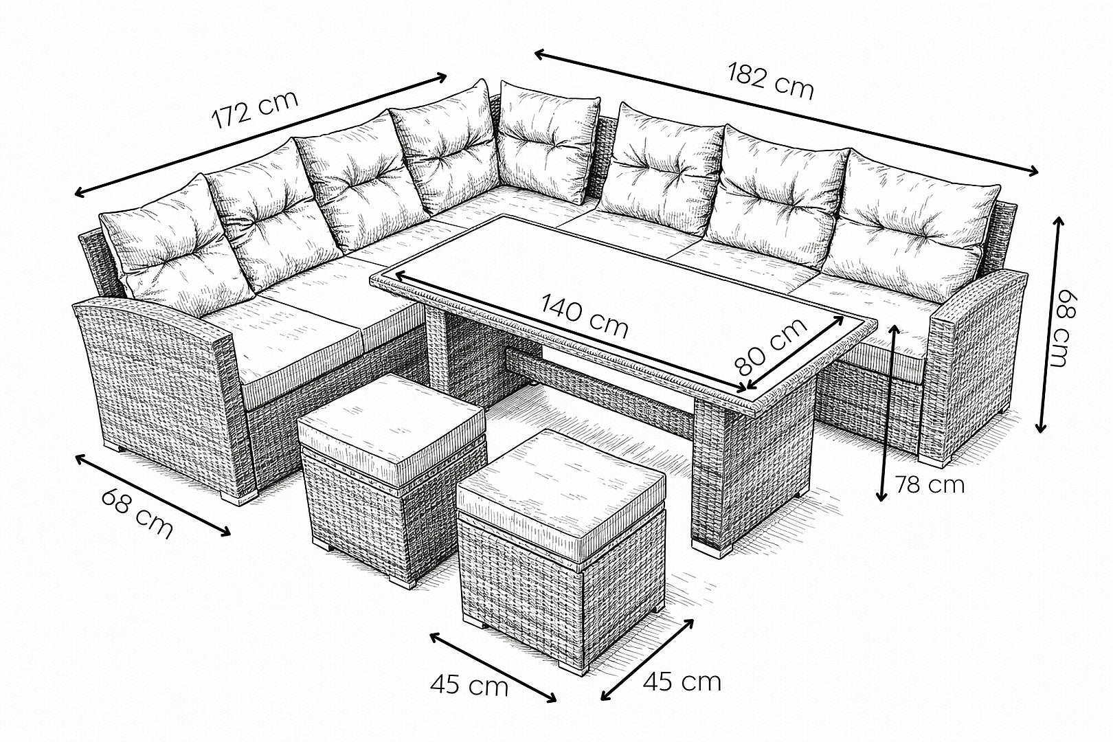 Set mobilier gradina coltar 4 piese, canapea, masa si 2 tabureti, ratan PE, 182x68x68 cm, gri