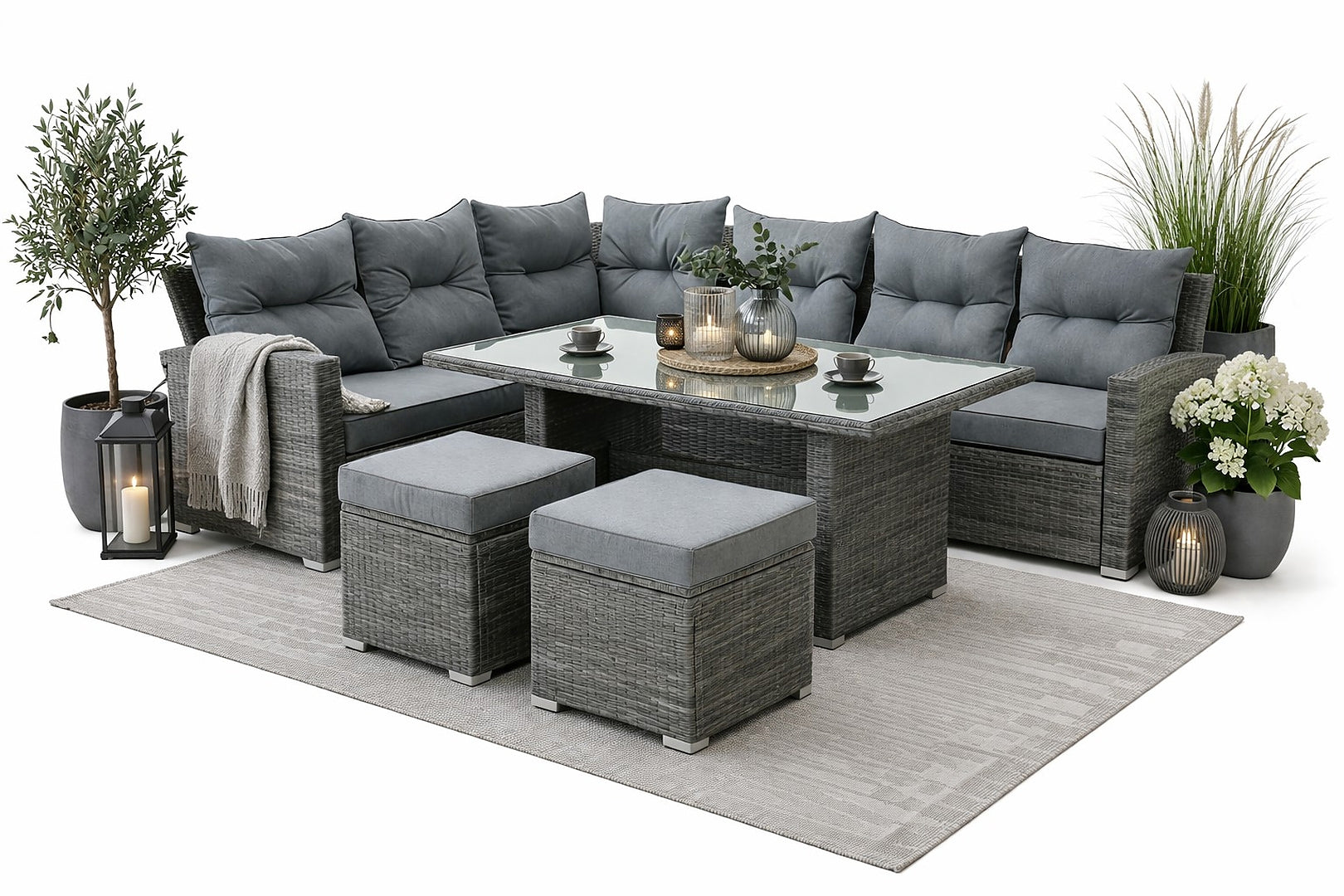 Set mobilier gradina coltar 4 piese, canapea, masa si 2 tabureti, ratan PE, 182x68x68 cm, gri