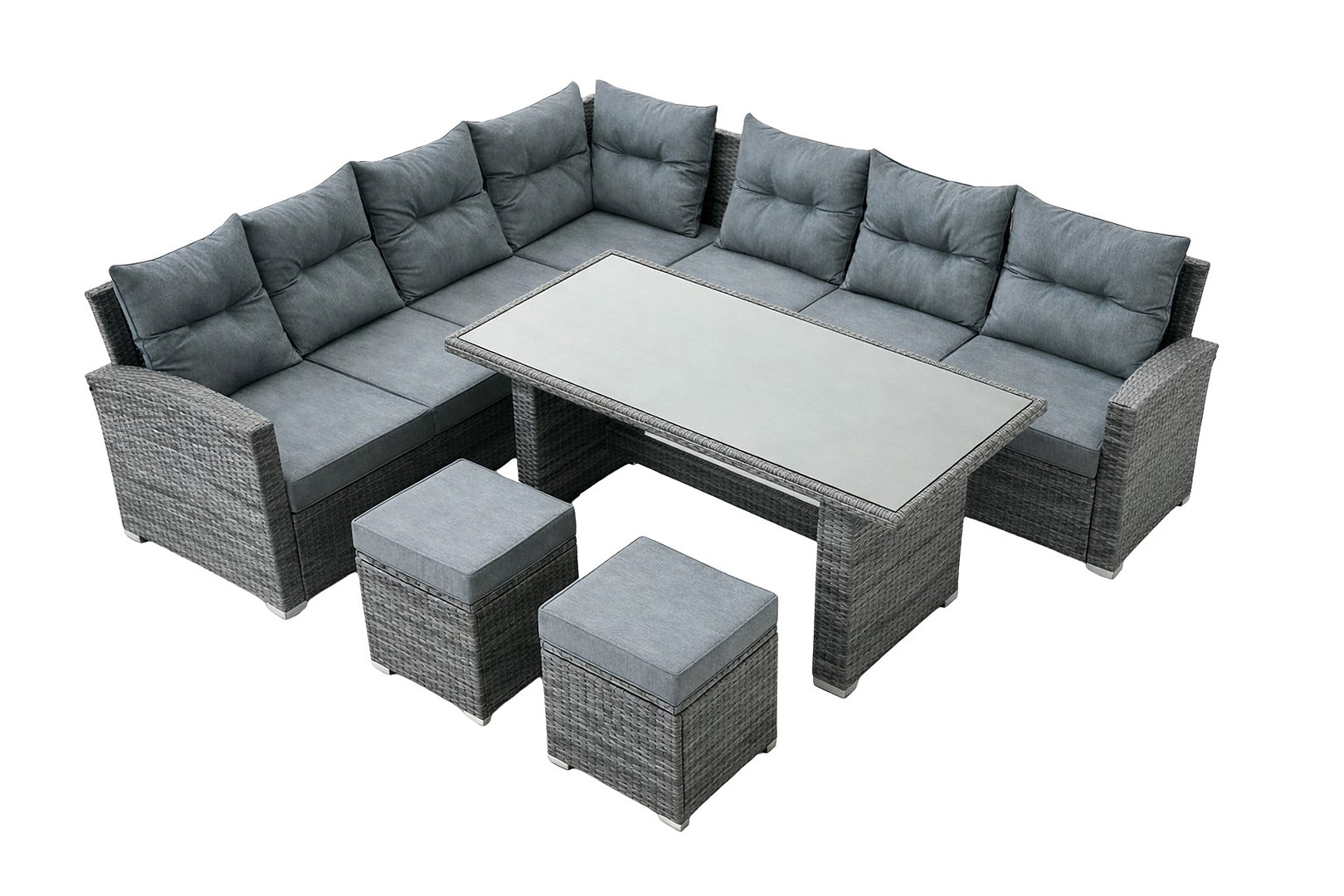 Set mobilier gradina coltar 4 piese, canapea, masa si 2 tabureti, ratan PE, 182x68x68 cm, gri