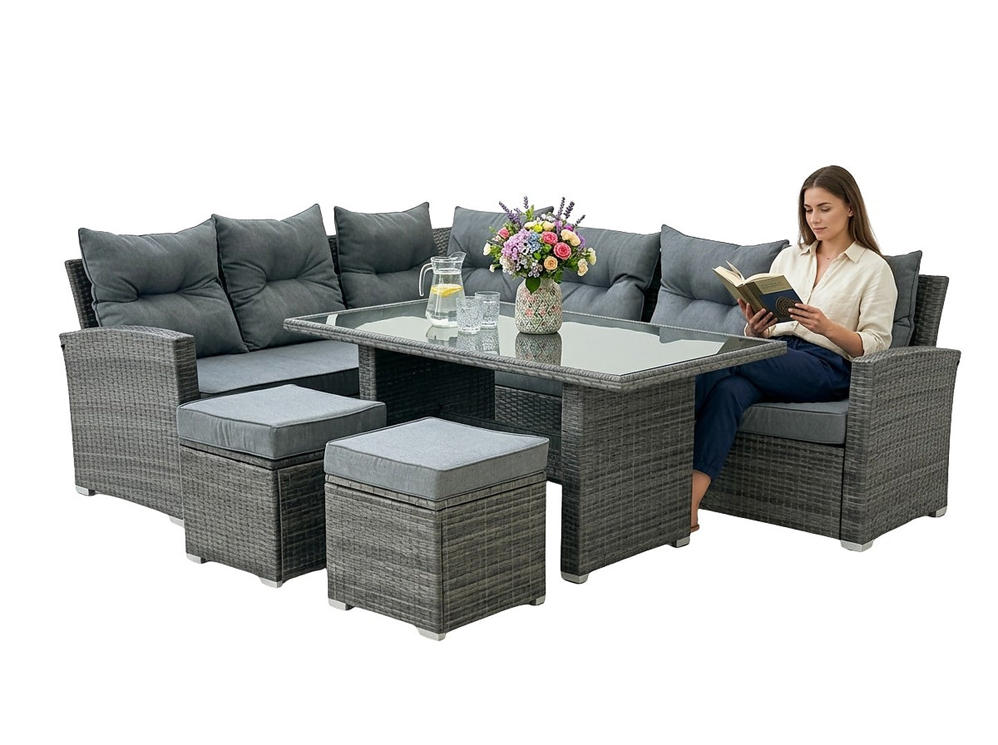 Set mobilier gradina coltar 4 piese, canapea, masa si 2 tabureti, ratan PE, 182x68x68 cm, gri