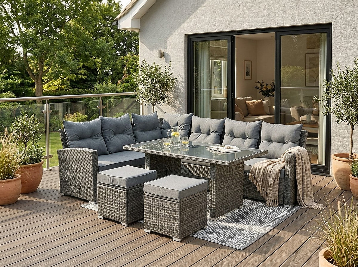 Set mobilier gradina coltar 4 piese, canapea, masa si 2 tabureti, ratan PE, 182x68x68 cm, gri