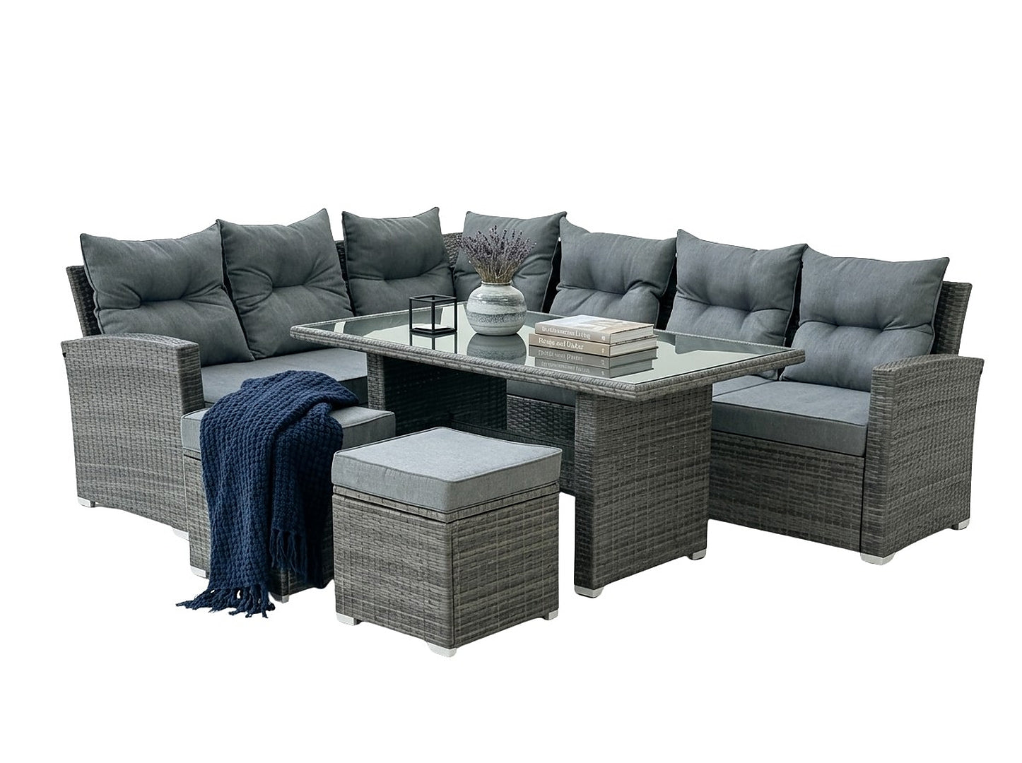 Set mobilier gradina coltar 4 piese, canapea, masa si 2 tabureti, ratan PE, 182x68x68 cm, gri
