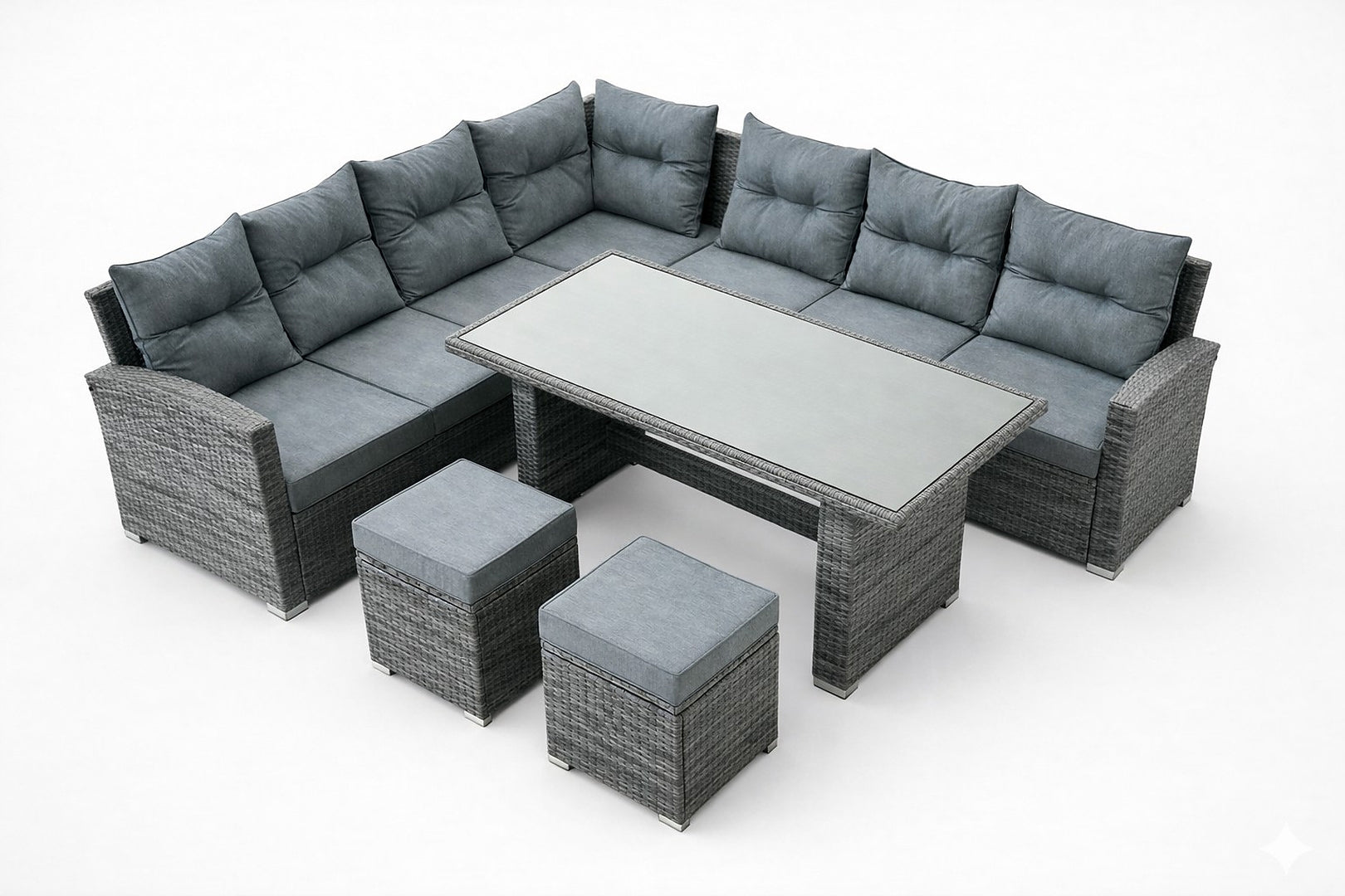 Set mobilier gradina coltar 4 piese, canapea, masa si 2 tabureti, ratan PE, 182x68x68 cm, gri