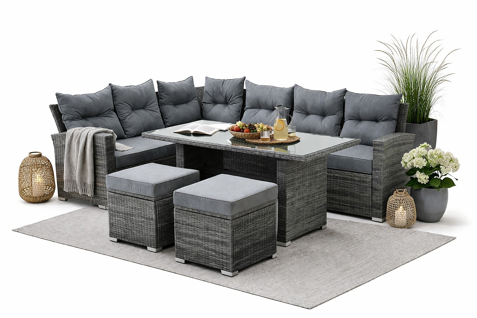 Set mobilier gradina coltar 4 piese, canapea, masa si 2 tabureti, ratan PE, 182x68x68 cm, gri