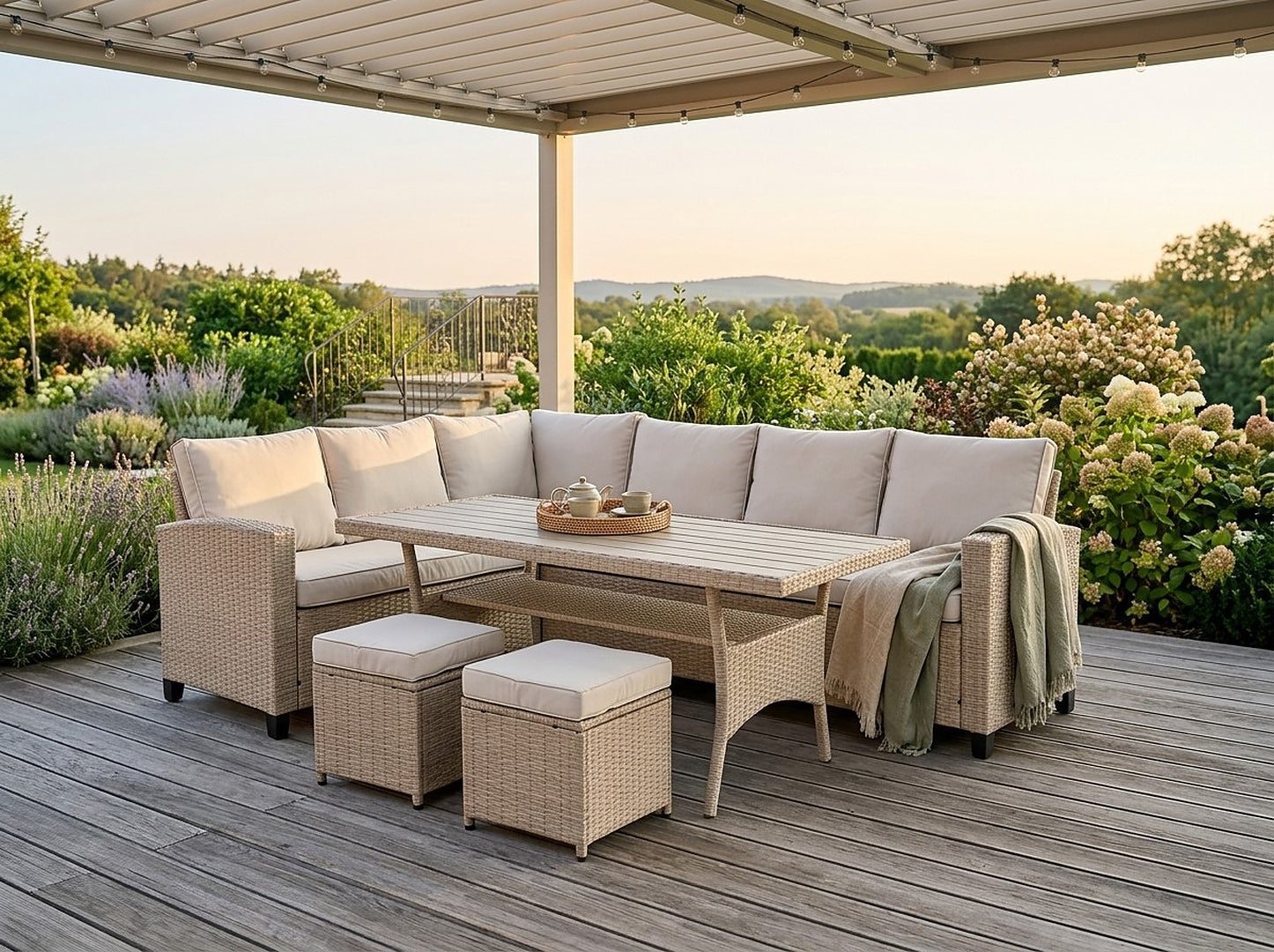Set mobilier gradina Cesme 4 piese, canapea, masa si 2 tabureti, ratan PE, 179x65x73 cm, bej