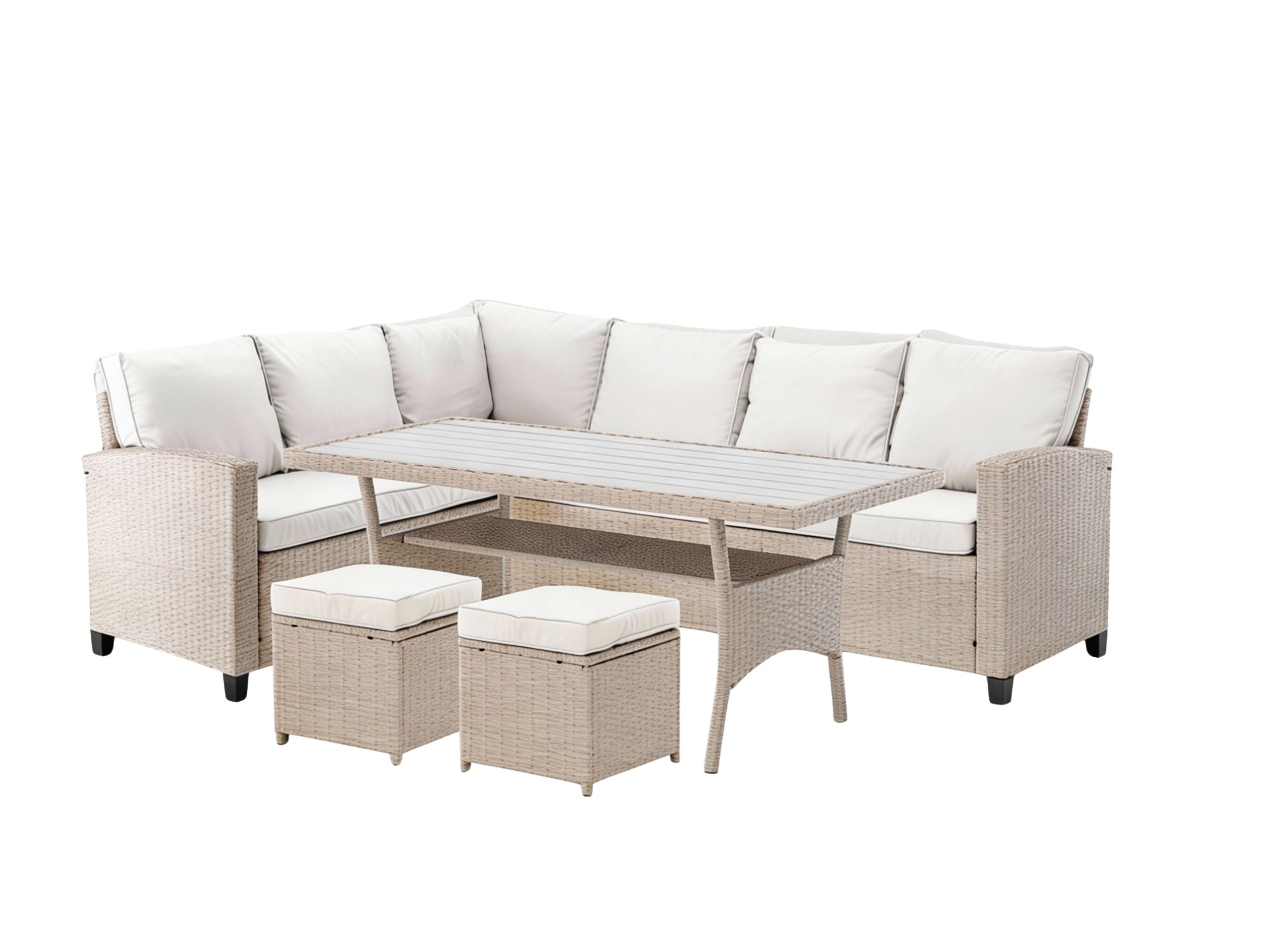 Set mobilier gradina Cesme 4 piese, canapea, masa si 2 tabureti, ratan PE, 179x65x73 cm, bej