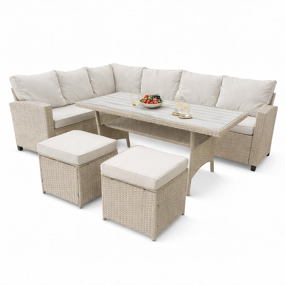 Set mobilier gradina Cesme 4 piese, canapea, masa si 2 tabureti, ratan PE, 179x65x73 cm, bej