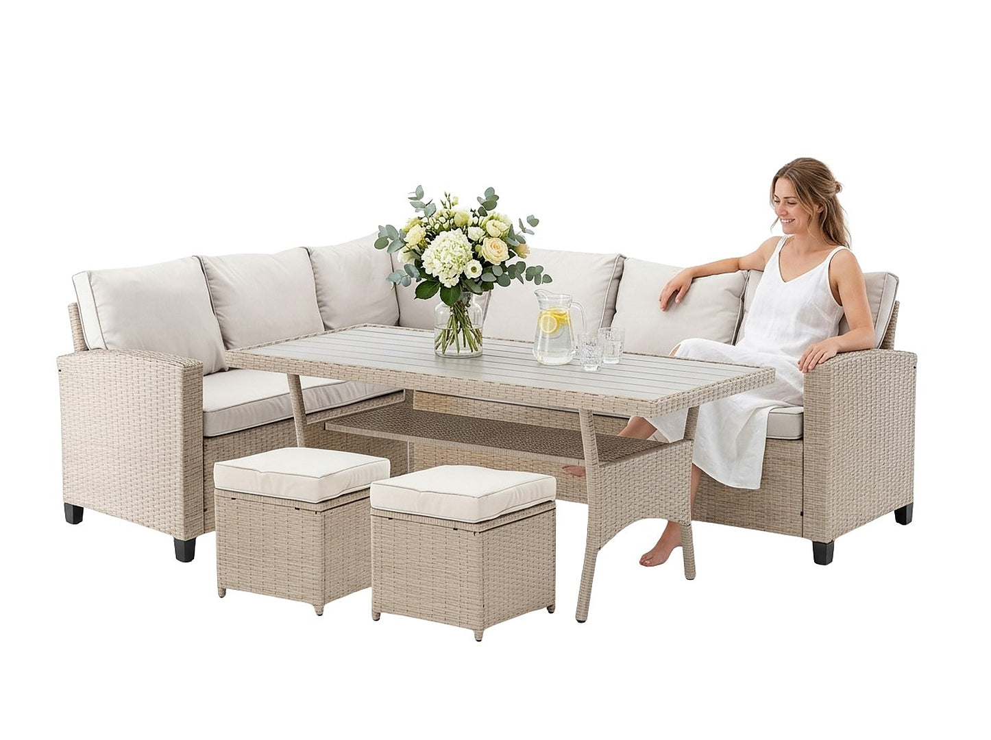 Set mobilier gradina Cesme 4 piese, canapea, masa si 2 tabureti, ratan PE, 179x65x73 cm, bej