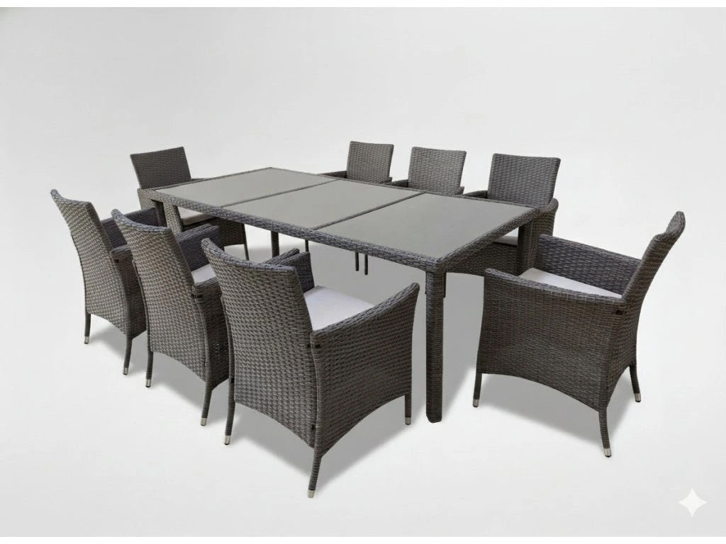 Set mobilier gradina 8 scaune si masa 196x98x73 cm, ratan si cadru otel zincat, blat masa sticla securizata, maro