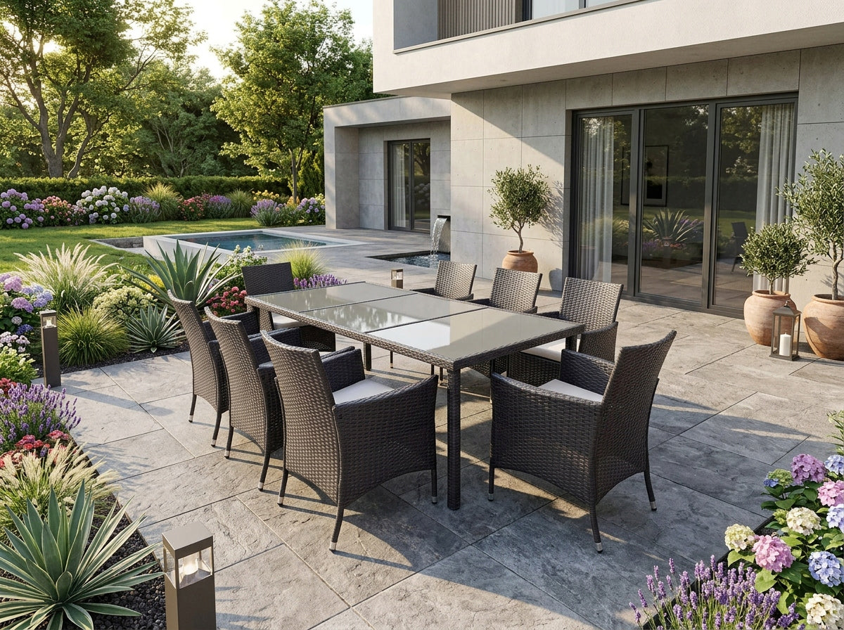 Set mobilier gradina 8 scaune si masa 196x98x73 cm, ratan si cadru otel zincat, blat masa sticla securizata, maro