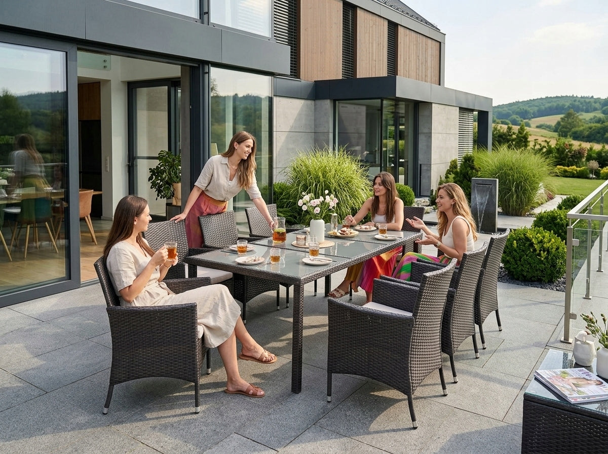 Set mobilier gradina 8 scaune si masa 196x98x73 cm, ratan si cadru otel zincat, blat masa sticla securizata, maro