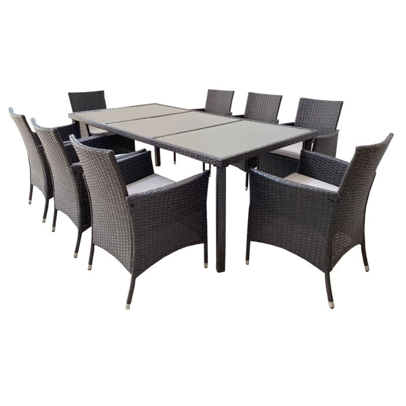 Set mobilier gradina 8 scaune si masa 196x98x73 cm, ratan si cadru otel zincat, blat masa sticla securizata, maro