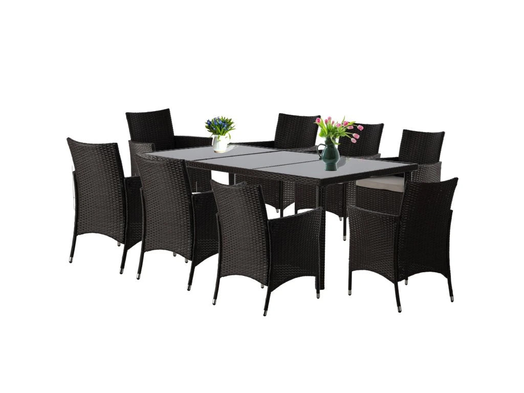 Set mobilier gradina 8 scaune si masa 196x98x73 cm, ratan si cadru otel zincat, blat masa sticla securizata, maro