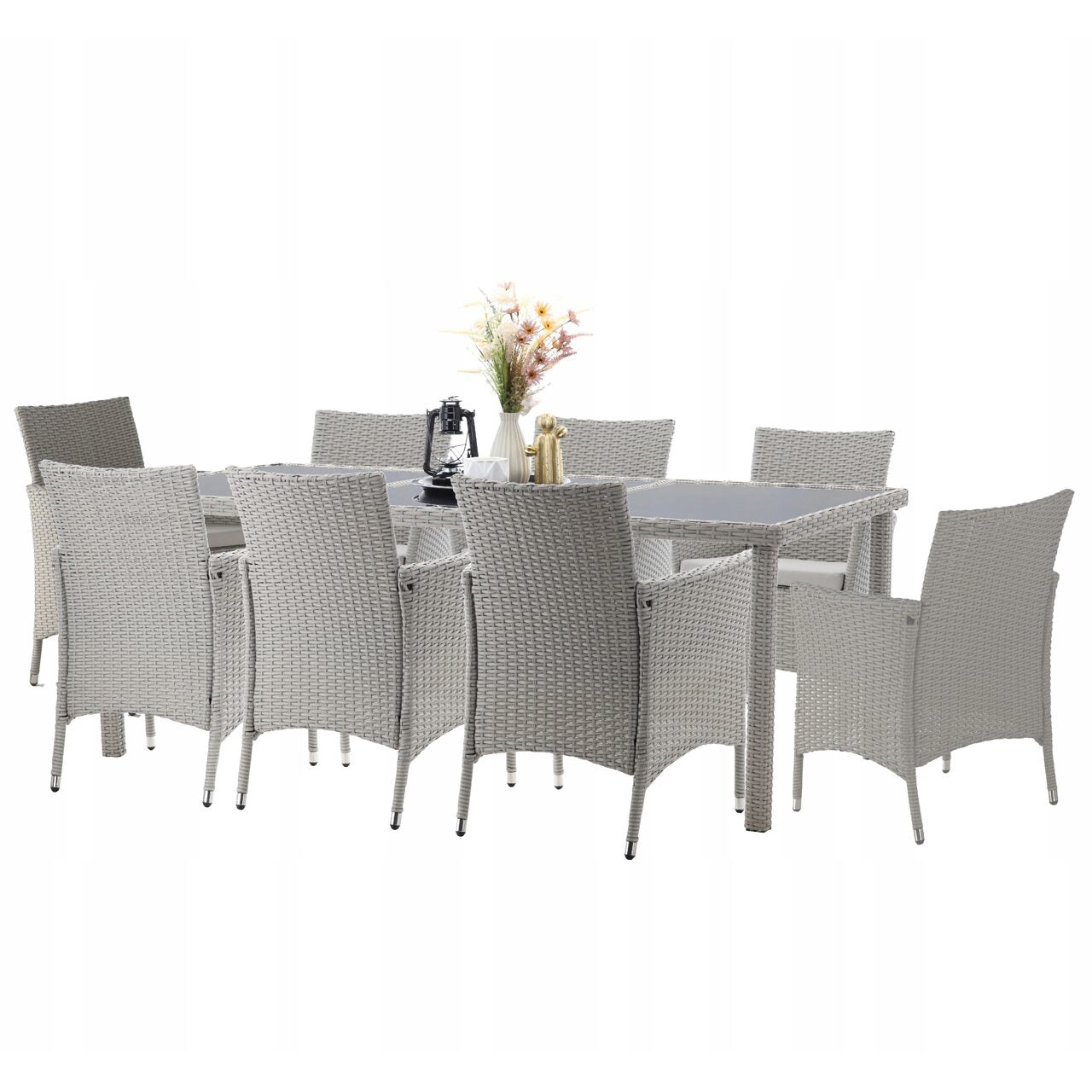 Set mobilier gradina 8 scaune si masa 196x98x73 cm, ratan si cadru otel zincat, blat masa sticla securizata, gri