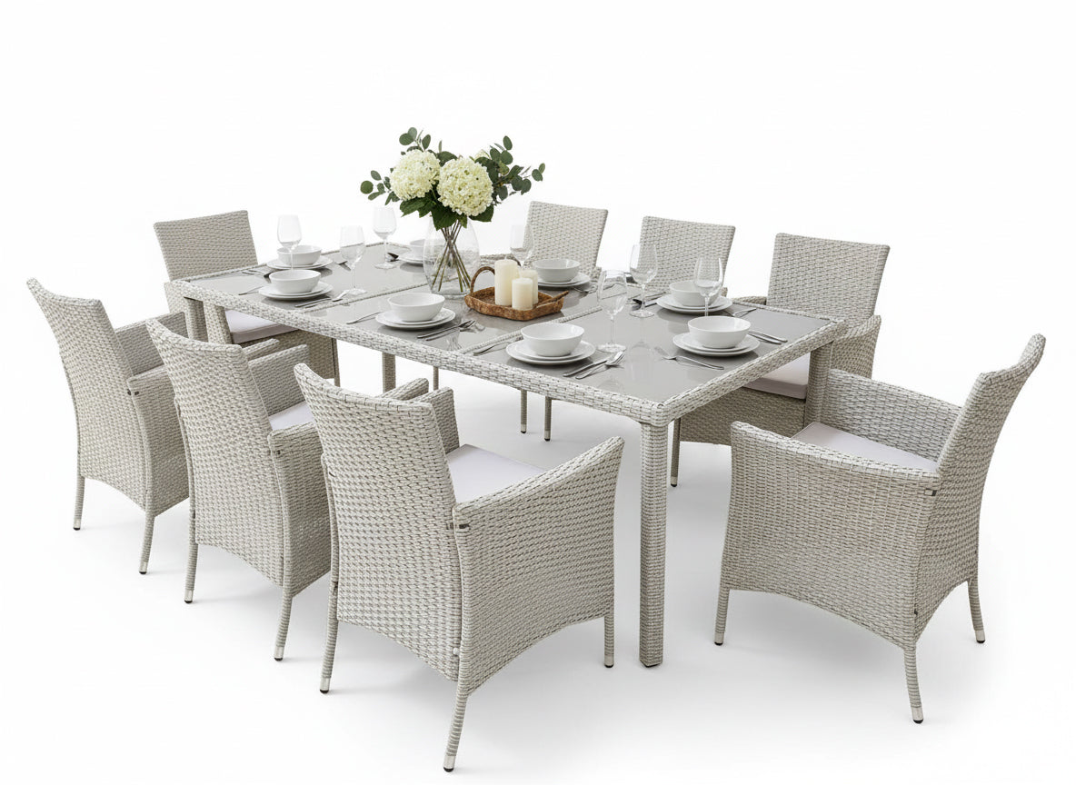 Set mobilier gradina 8 scaune si masa 196x98x73 cm, ratan si cadru otel zincat, blat masa sticla securizata, gri