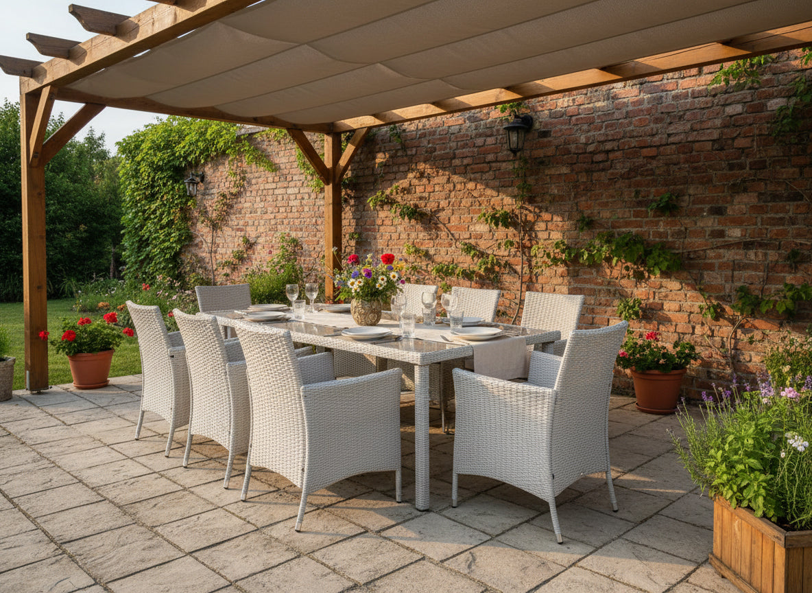 Set mobilier gradina 8 scaune si masa 196x98x73 cm, ratan si cadru otel zincat, blat masa sticla securizata, gri