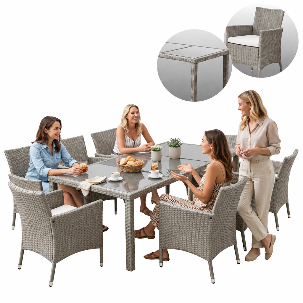 Set mobilier gradina 8 scaune si masa 196x98x73 cm, ratan si cadru otel zincat, blat masa sticla securizata, gri