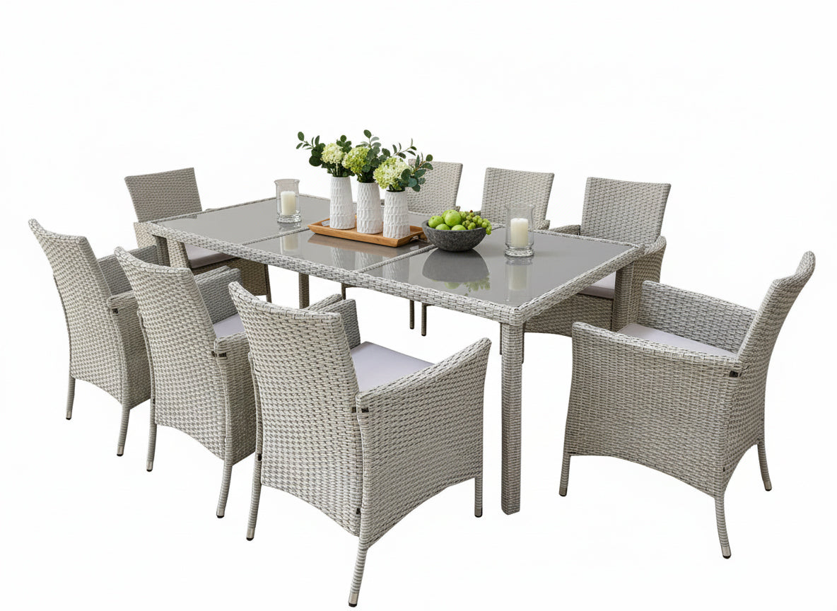 Set mobilier gradina 8 scaune si masa 196x98x73 cm, ratan si cadru otel zincat, blat masa sticla securizata, gri