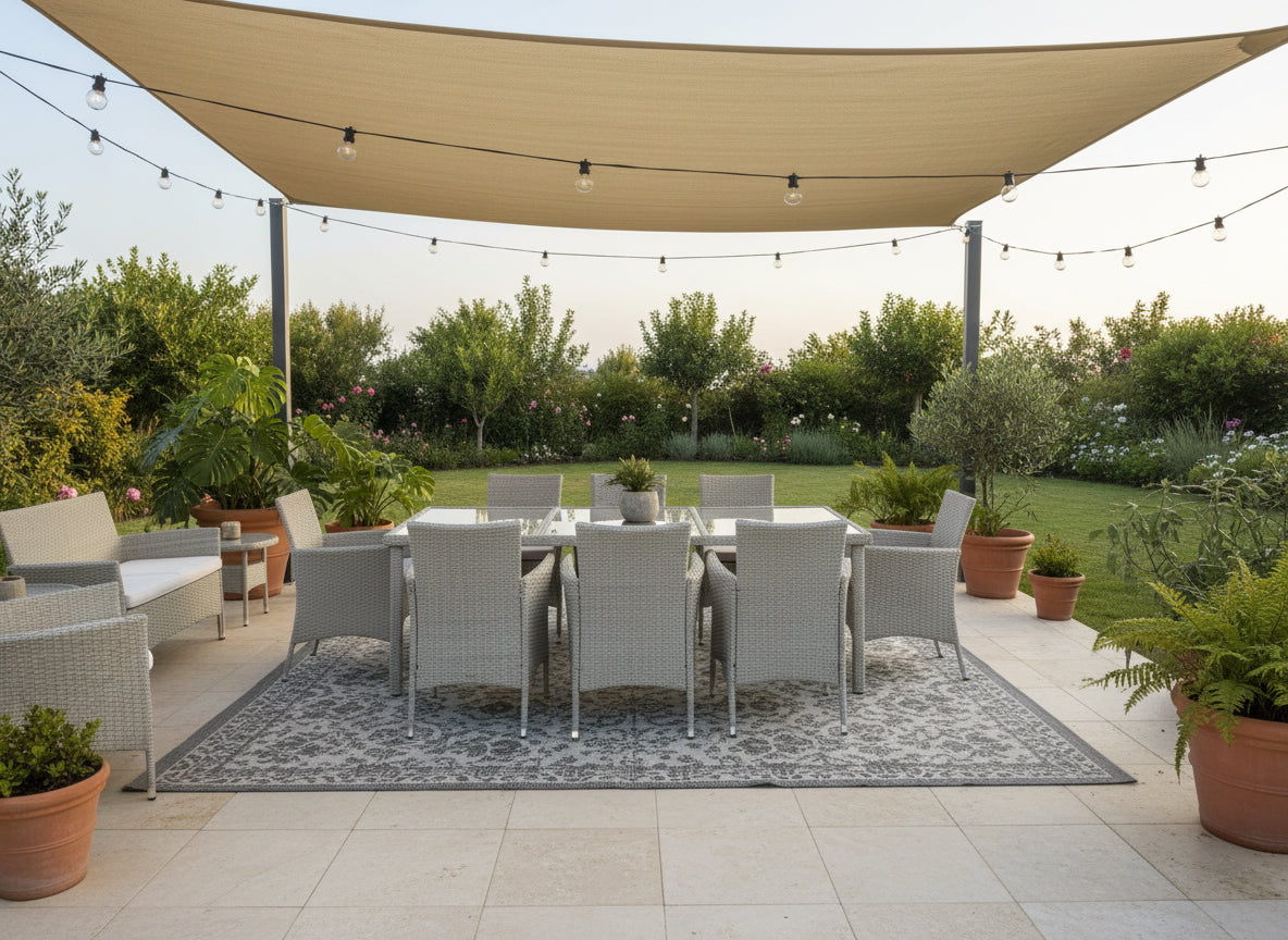Set mobilier gradina 8 scaune si masa 196x98x73 cm, ratan si cadru otel zincat, blat masa sticla securizata, gri