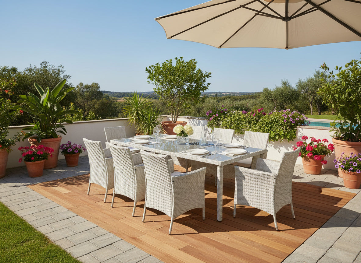 Set mobilier gradina 8 scaune si masa 196x98x73 cm, ratan si cadru otel zincat, blat masa sticla securizata, gri