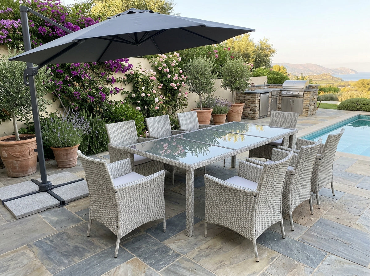 Set mobilier gradina 8 scaune si masa 196x98x73 cm, ratan si cadru otel zincat, blat masa sticla securizata, gri