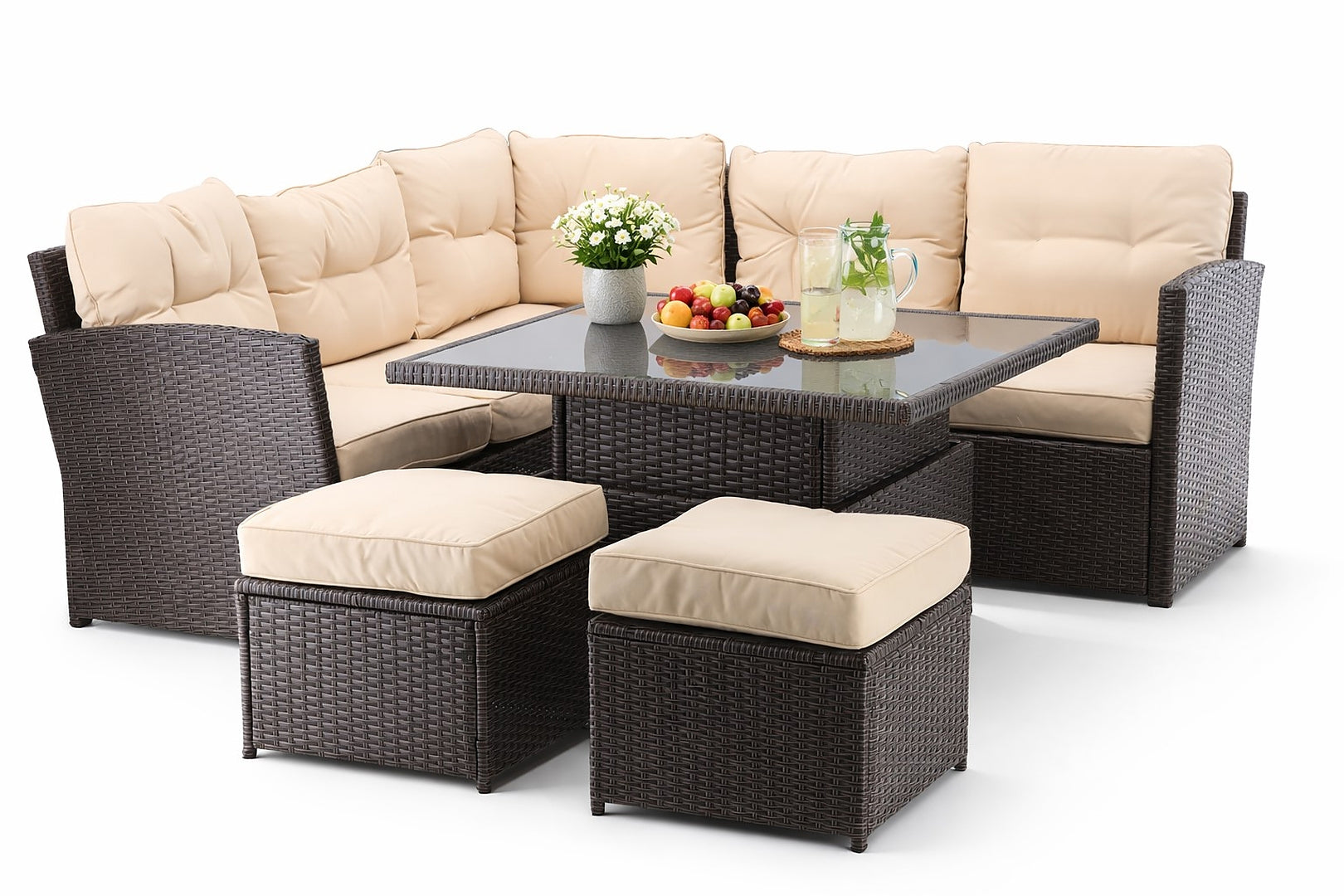 Set mobilier gradina coltar 5 piese, canapea colt, 2 tabureti si masa reglabila pe inaltime, ratan PE, 179x69x73 cm, maro si crem
