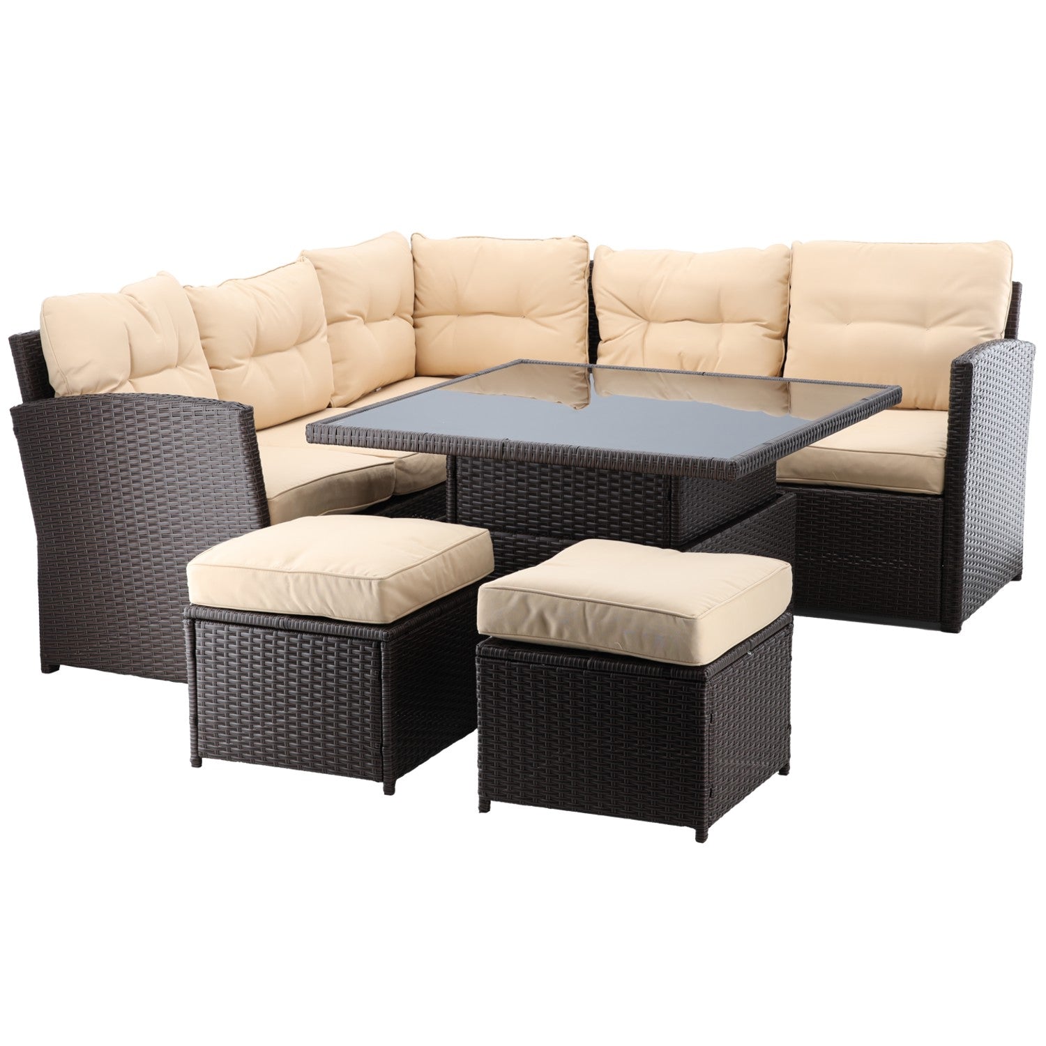 Set mobilier gradina coltar 5 piese, canapea colt, 2 tabureti si masa reglabila pe inaltime, ratan PE, 179x69x73 cm, maro si crem