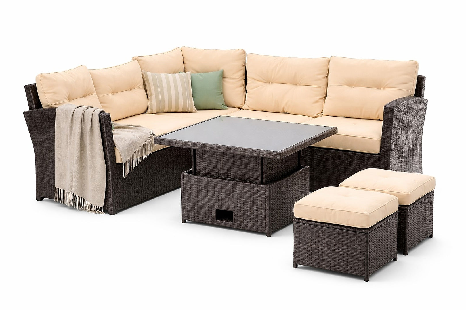 Set mobilier gradina coltar 5 piese, canapea colt, 2 tabureti si masa reglabila pe inaltime, ratan PE, 179x69x73 cm, maro si crem