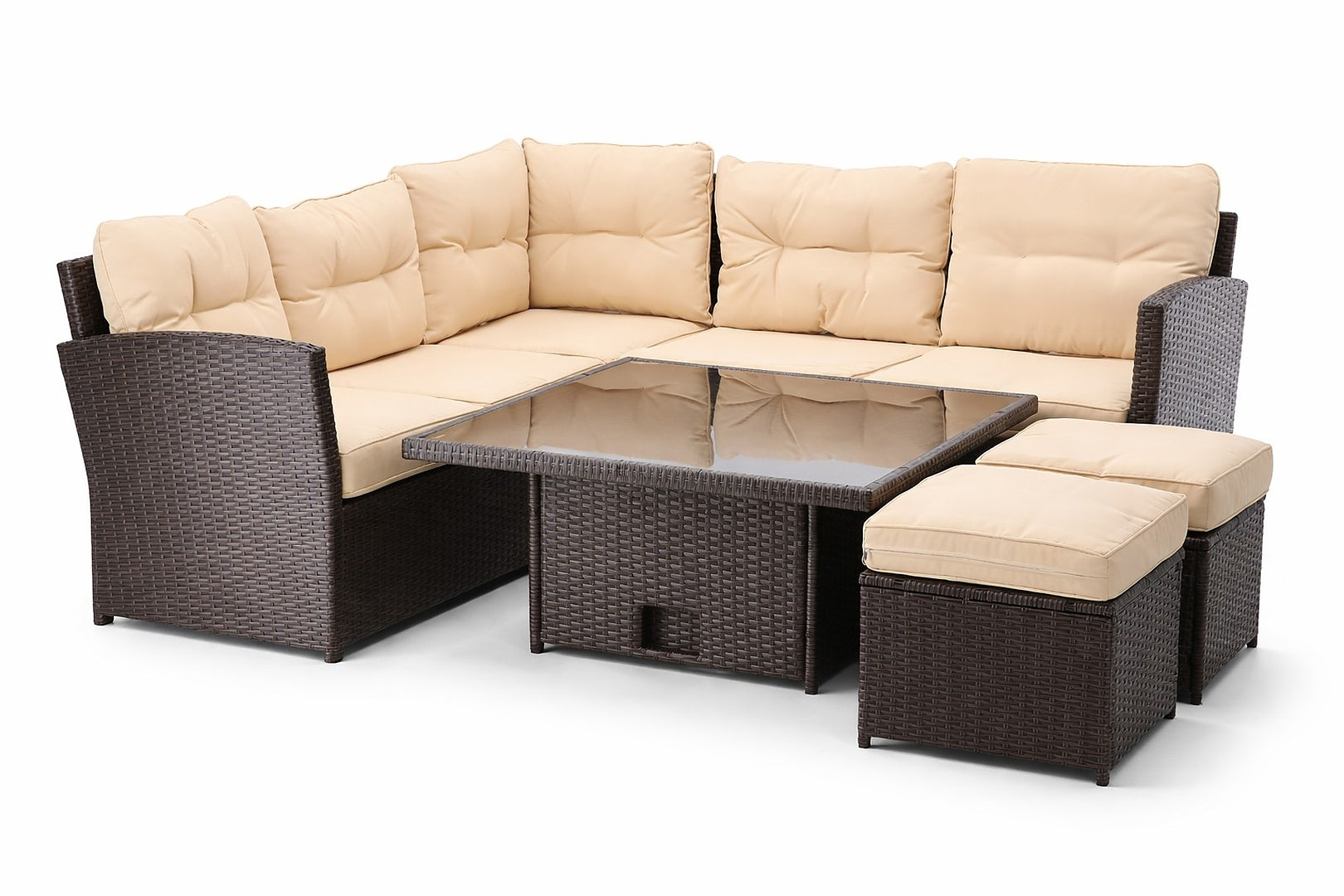 Set mobilier gradina coltar 5 piese, canapea colt, 2 tabureti si masa reglabila pe inaltime, ratan PE, 179x69x73 cm, maro si crem