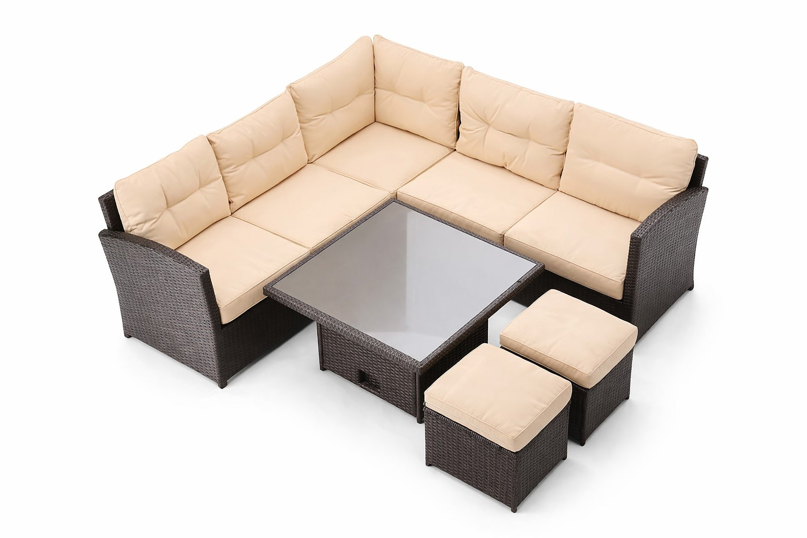 Set mobilier gradina coltar 5 piese, canapea colt, 2 tabureti si masa reglabila pe inaltime, ratan PE, 179x69x73 cm, maro si crem