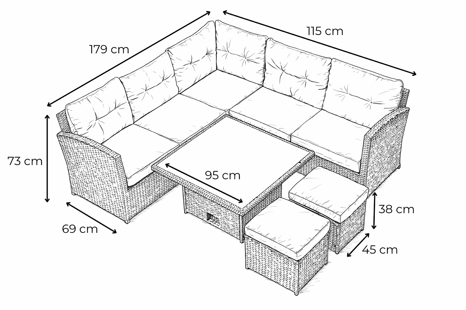 Set mobilier gradina coltar 5 piese, canapea colt, 2 tabureti si masa reglabila pe inaltime, ratan PE, 179x69x73 cm, maro si crem